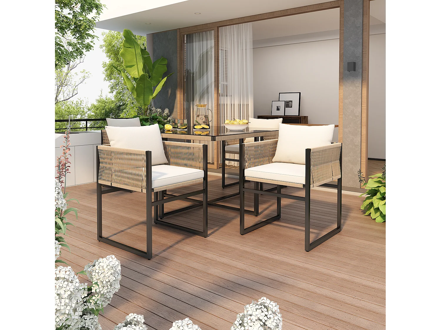 Ensemble table à manger et 4 chaises de jardin en métal - plateau de table en verre - Beige + noir