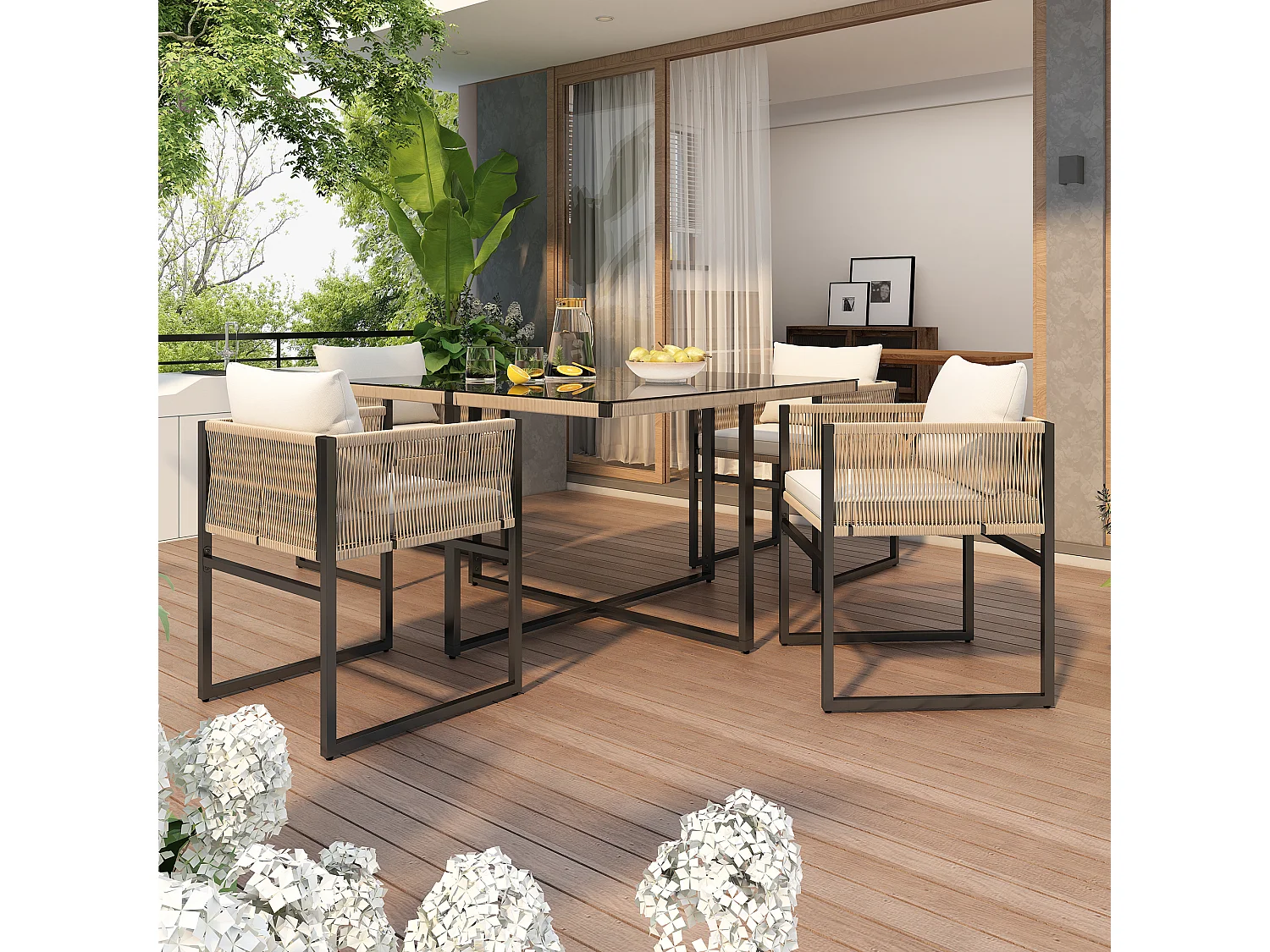 Ensemble table à manger et 4 chaises de jardin en métal - plateau de table en verre - Beige + noir