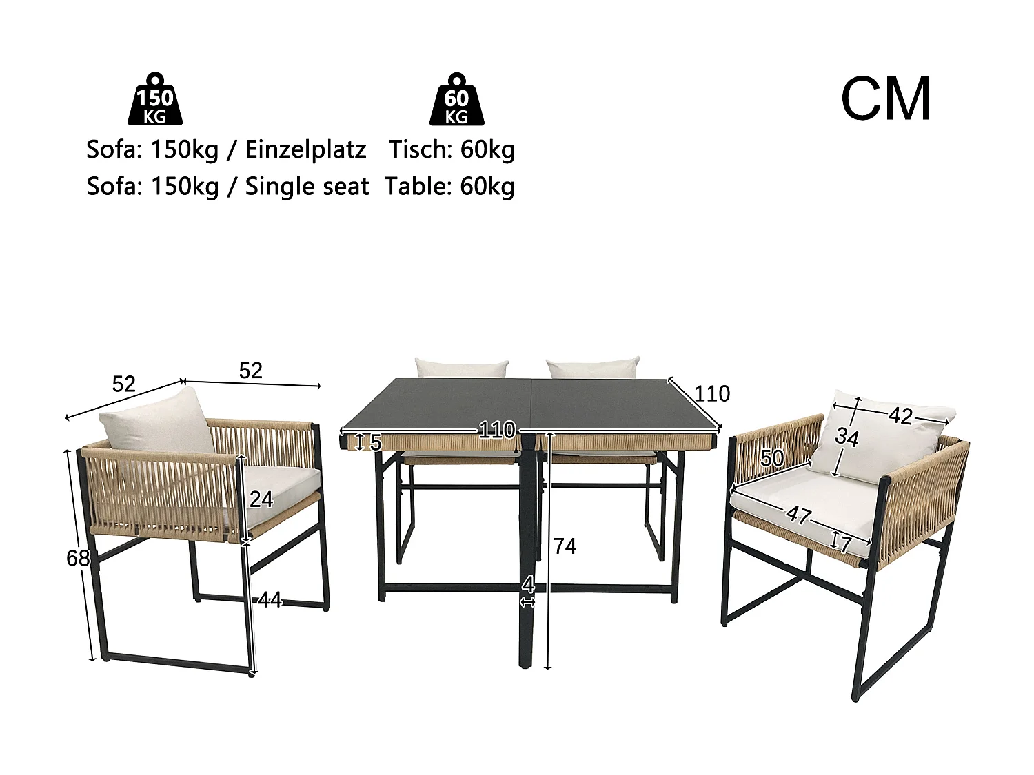 Ensemble table à manger et 4 chaises de jardin en métal - plateau de table en verre - Beige + noir