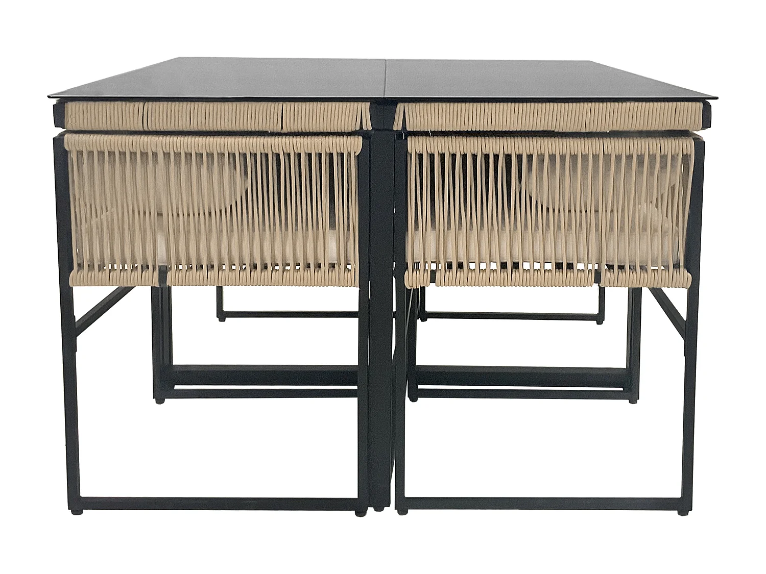 Ensemble table à manger et 4 chaises de jardin en métal - plateau de table en verre - Beige + noir