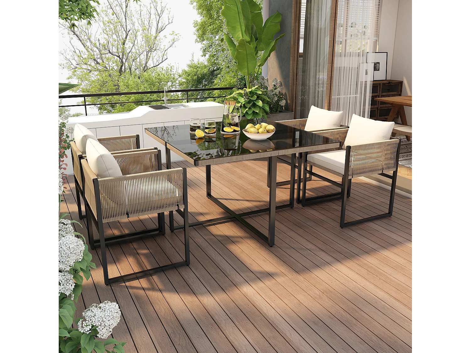 Ensemble table à manger et 4 chaises de jardin en métal - plateau de table en verre - Beige + noir