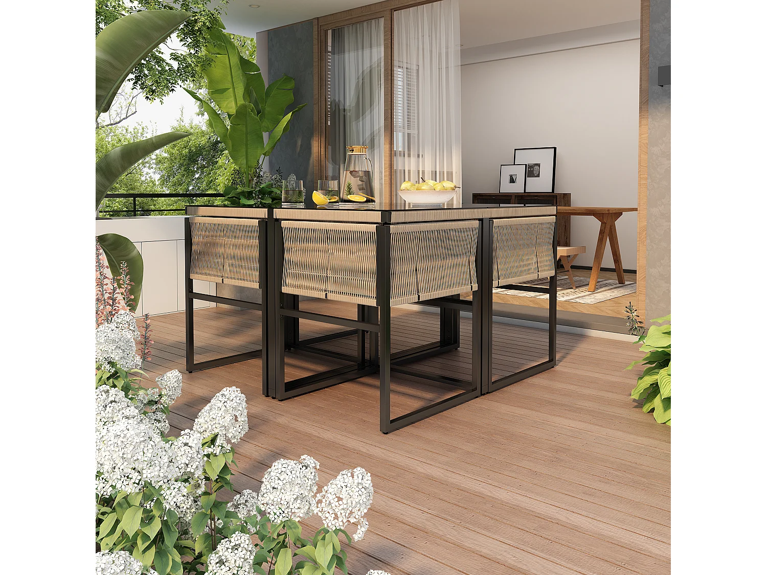 Ensemble table à manger et 4 chaises de jardin en métal - plateau de table en verre - Beige + noir