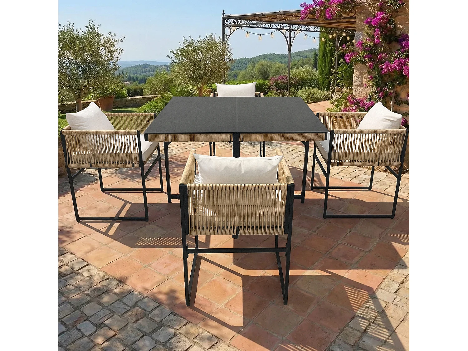 Ensemble table à manger et 4 chaises de jardin en métal - plateau de table en verre - Beige + noir