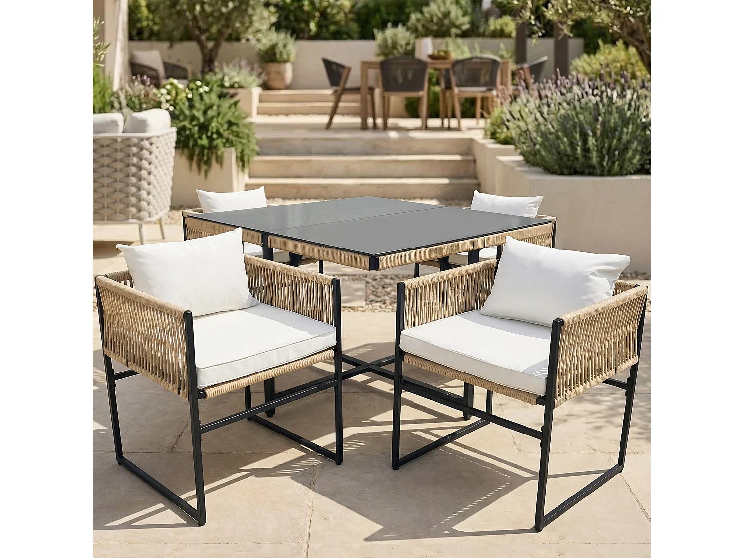 Ensemble table à manger et 4 chaises de jardin en métal - plateau de table en verre - Beige + noir