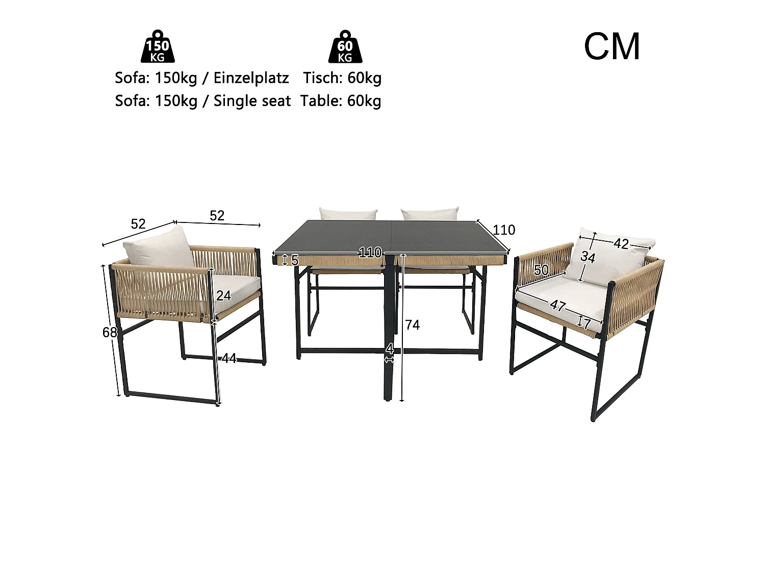 Ensemble table à manger et 4 chaises de jardin en métal - plateau de table en verre - Beige + noir