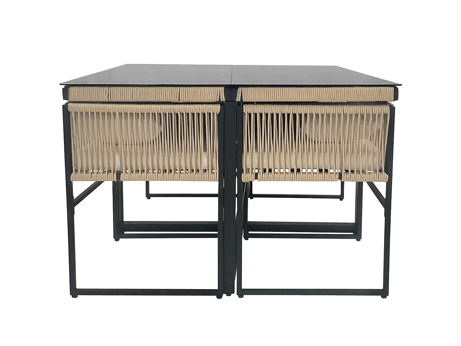 Ensemble table à manger et 4 chaises de jardin en métal - plateau de table en verre - Beige + noir