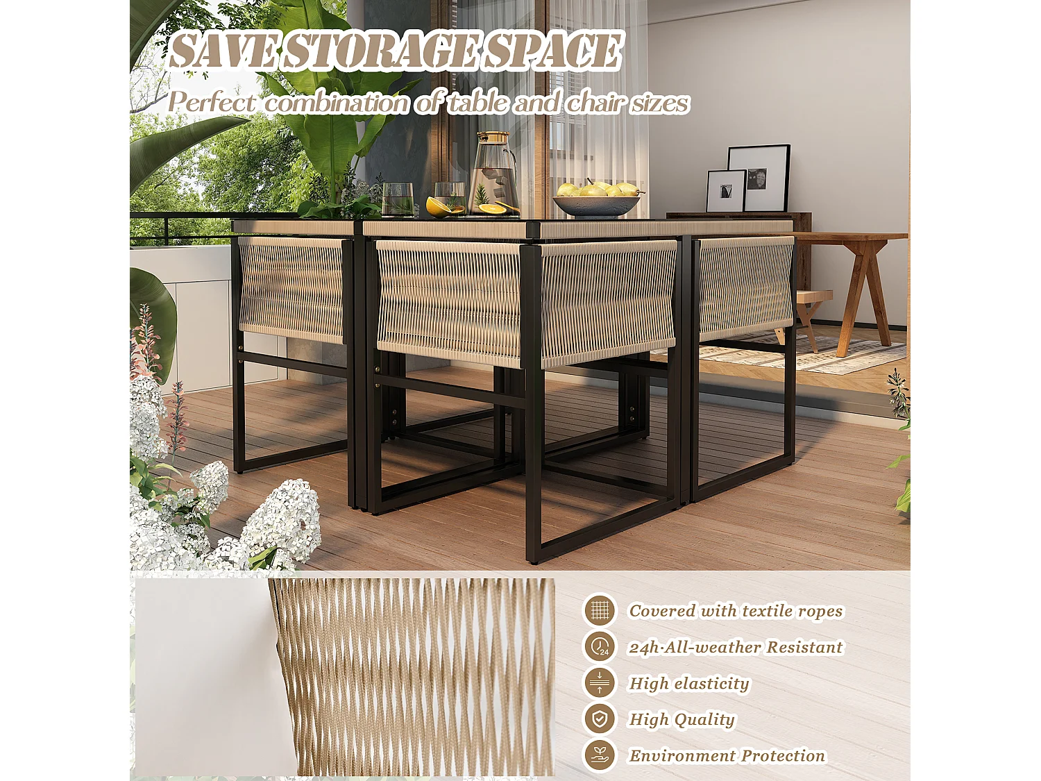 Ensemble table à manger et 4 chaises de jardin en métal - plateau de table en verre - Beige + noir