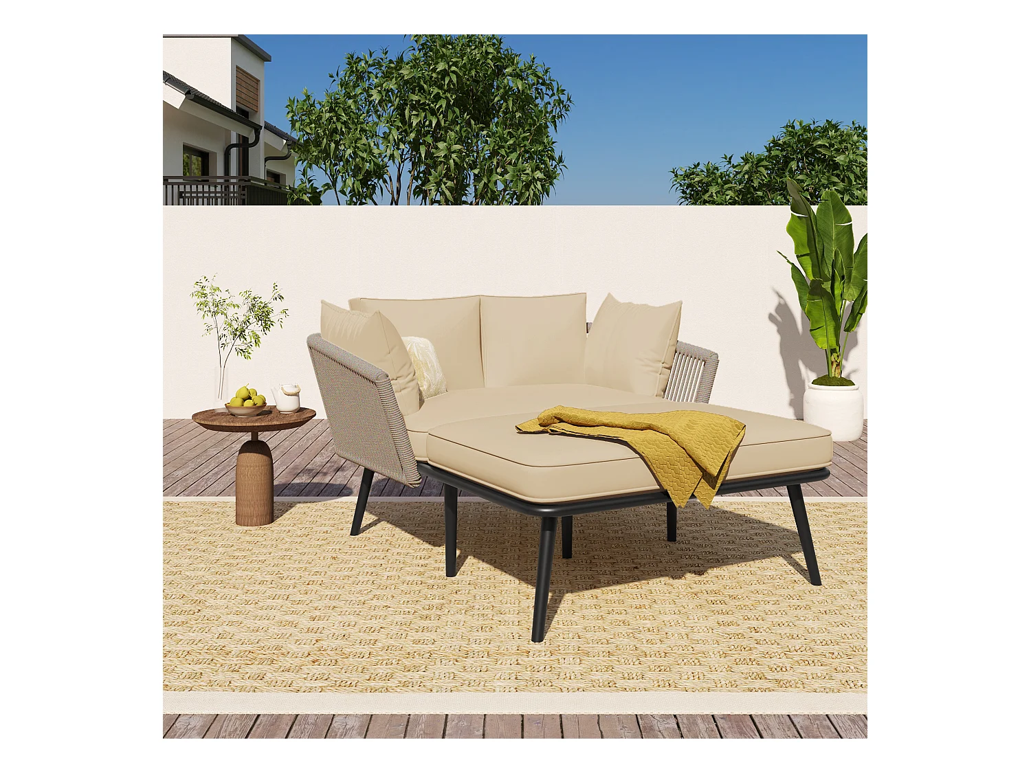 Canapé de jardin 2 places en acier avec 2 coussins d'assise 10 cm - Bain de soleil d'extérieur - Kaki