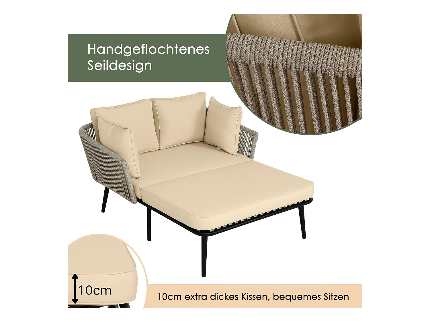 2-zits stalen tuinbank met 2 zitkussens van 10 cm - Ligstoel voor buiten - Khaki