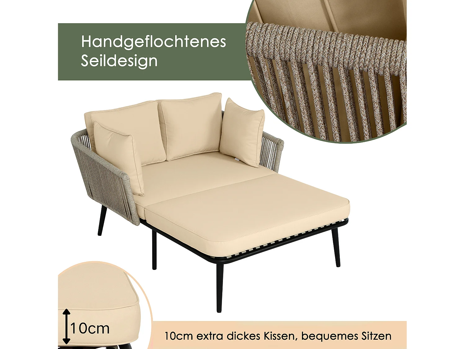 2-osobowa stalowa sofa ogrodowa z 2 poduszkami siedziskowymi o grubości 10 cm - Leżak ogrodowy - Khaki