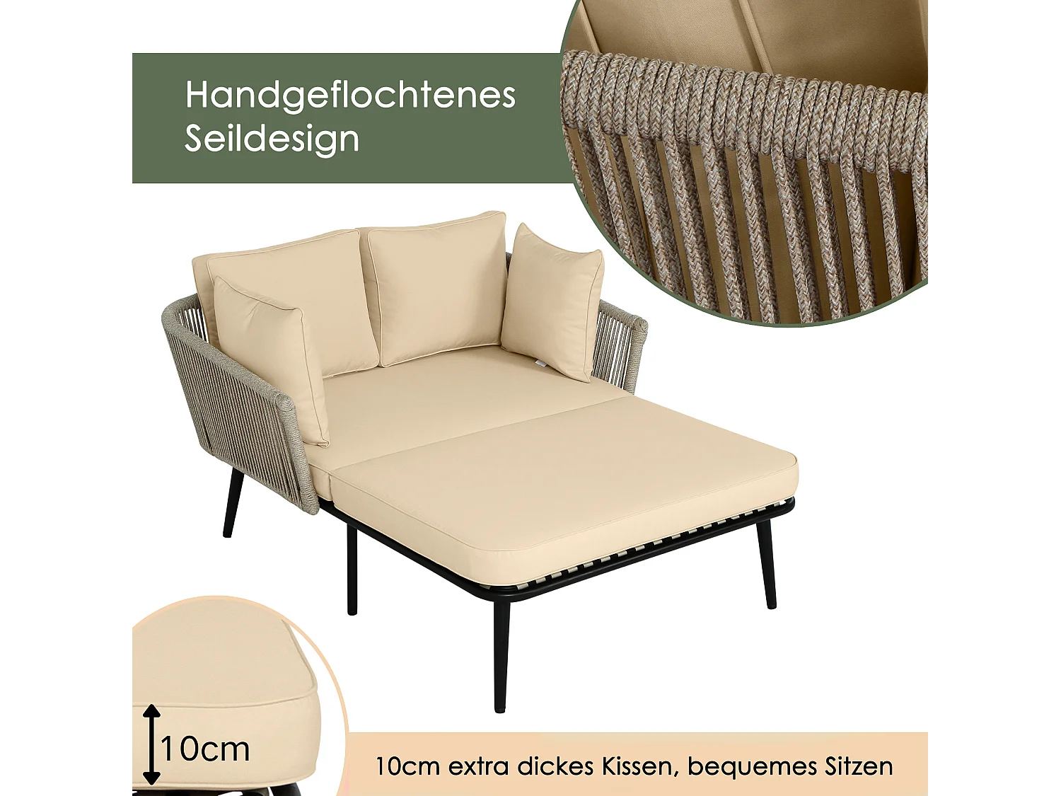 Canapé de jardin 2 places en acier avec 2 coussins d'assise 10 cm - Bain de soleil d'extérieur - Kaki