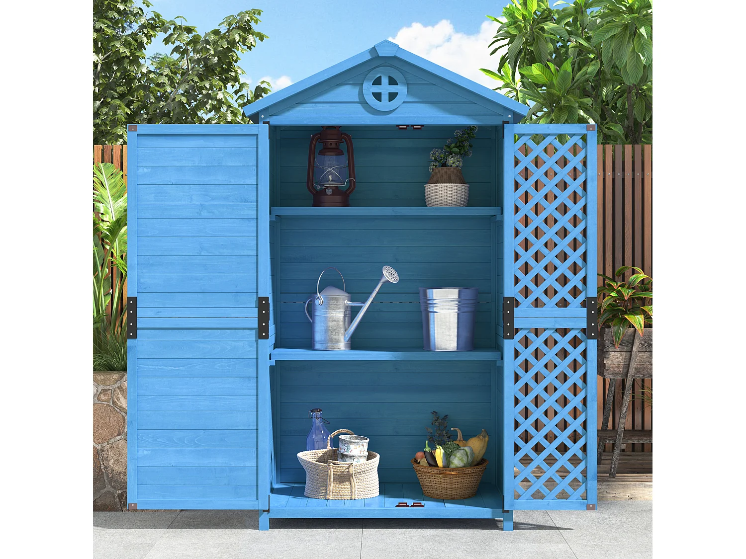 Tuinhuis van massief hout met weerbestendig schuin dak - 2 deuren 3 planken - 90 x 56,5 x 175,3 cm - Blauw