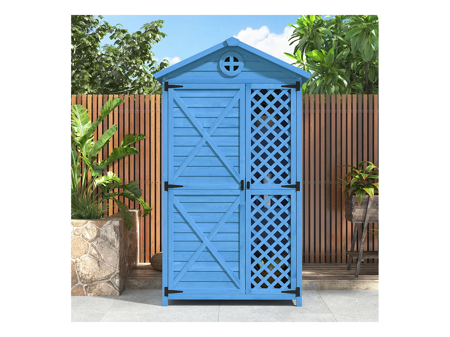 Abri de jardin en bois massif avec toit pente résistant aux intempéries - 2 portes 3 étagères - 90 x 56.5 x 175.3 cm - Bleu