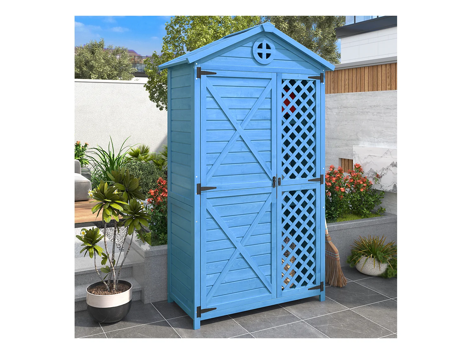 Tuinhuis van massief hout met weerbestendig schuin dak - 2 deuren 3 planken - 90 x 56,5 x 175,3 cm - Blauw