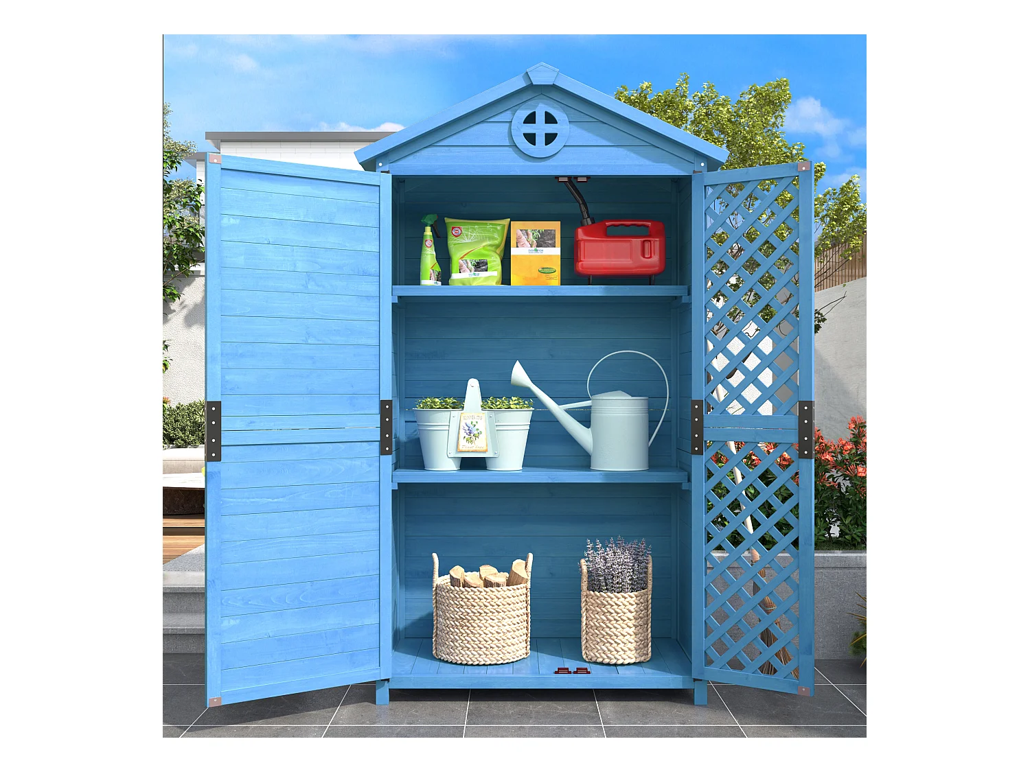 Tuinhuis van massief hout met weerbestendig schuin dak - 2 deuren 3 planken - 90 x 56,5 x 175,3 cm - Blauw