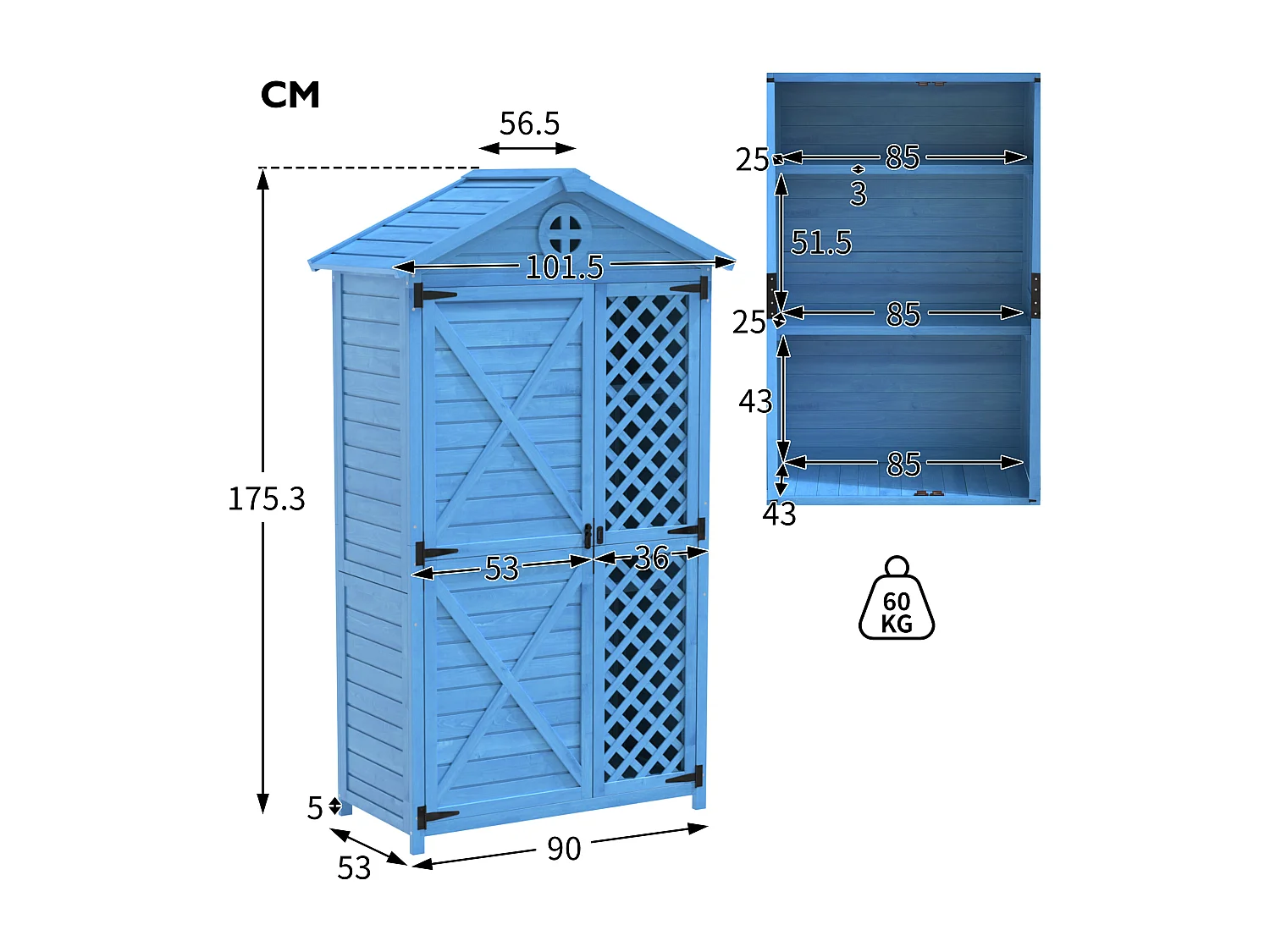 Tuinhuis van massief hout met weerbestendig schuin dak - 2 deuren 3 planken - 90 x 56,5 x 175,3 cm - Blauw