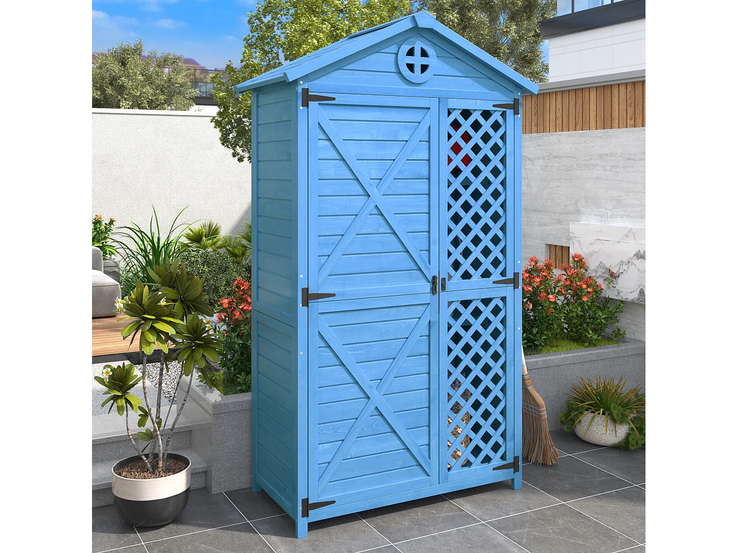 Abri de jardin en bois massif avec toit pente résistant aux intempéries - 2 portes 3 étagères - 90 x 56.5 x 175.3 cm - Bleu