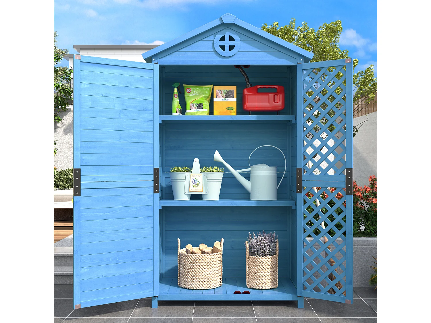 Abri de jardin en bois massif avec toit pente résistant aux intempéries - 2 portes 3 étagères - 90 x 56.5 x 175.3 cm - Bleu