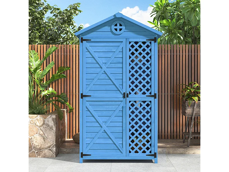 Abri de jardin en bois massif avec toit pente résistant aux intempéries - 2 portes 3 étagères - 90 x 56.5 x 175.3 cm - Bleu