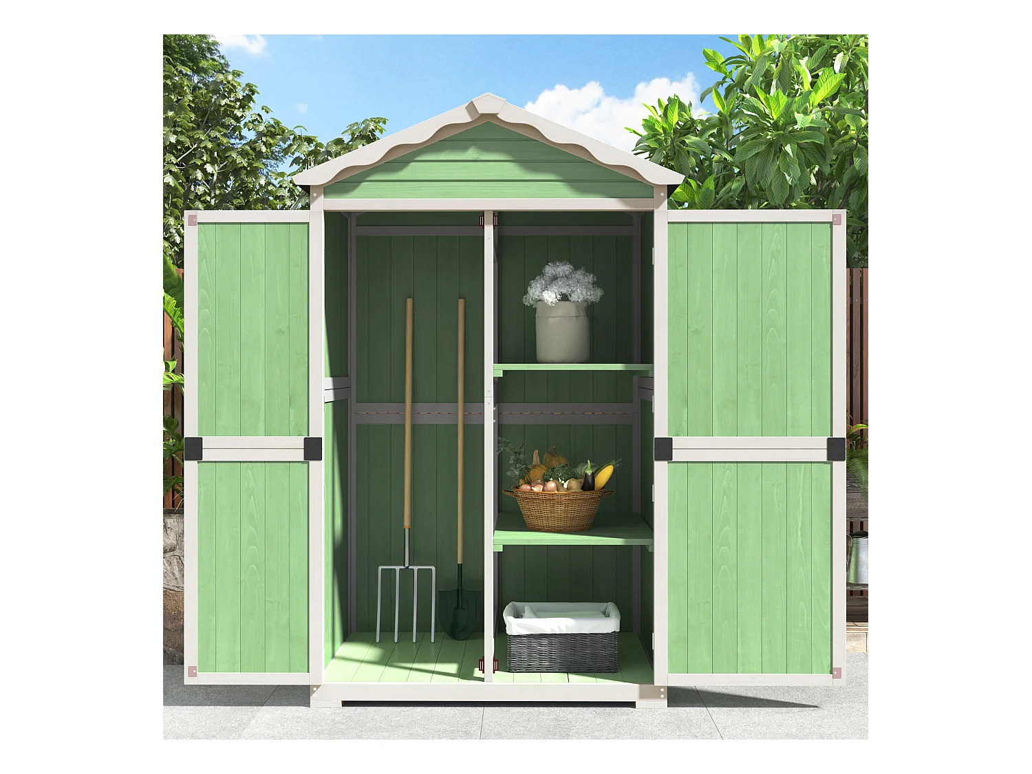 Abri de jardin en bois massif avec toit pente résistant aux intempéries - 2 portes 3 étagères - 93 x 45 x 179 cm - Gris