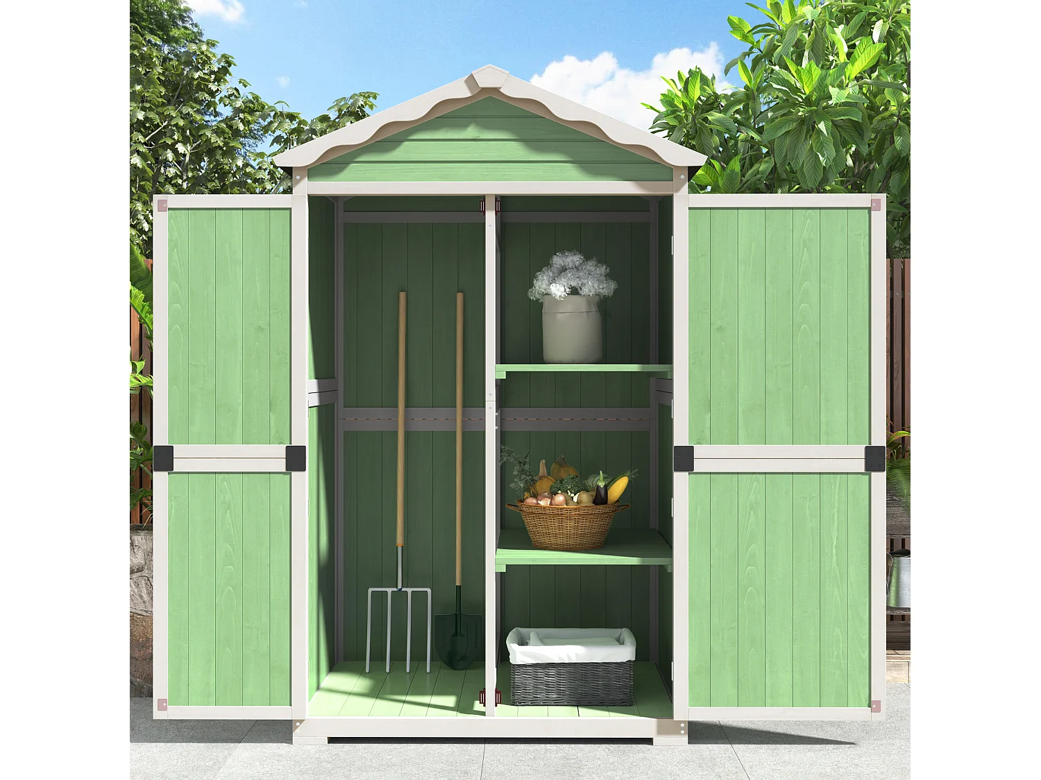 Abri de jardin en bois massif avec toit pente résistant aux intempéries - 2 portes 3 étagères - 93 x 45 x 179 cm - Gris