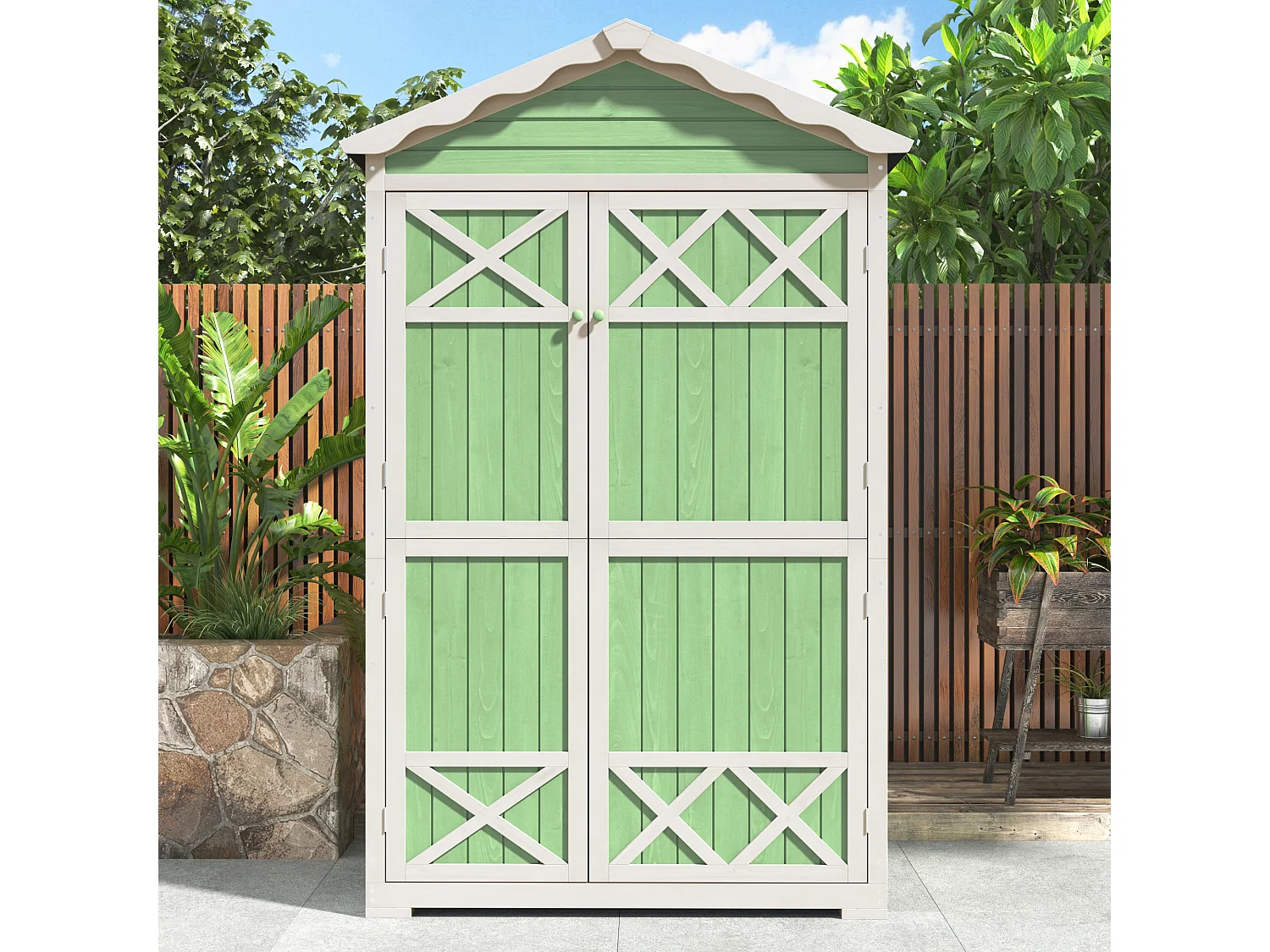 Abri de jardin en bois massif avec toit pente résistant aux intempéries - 2 portes 3 étagères - 93 x 45 x 179 cm - Gris