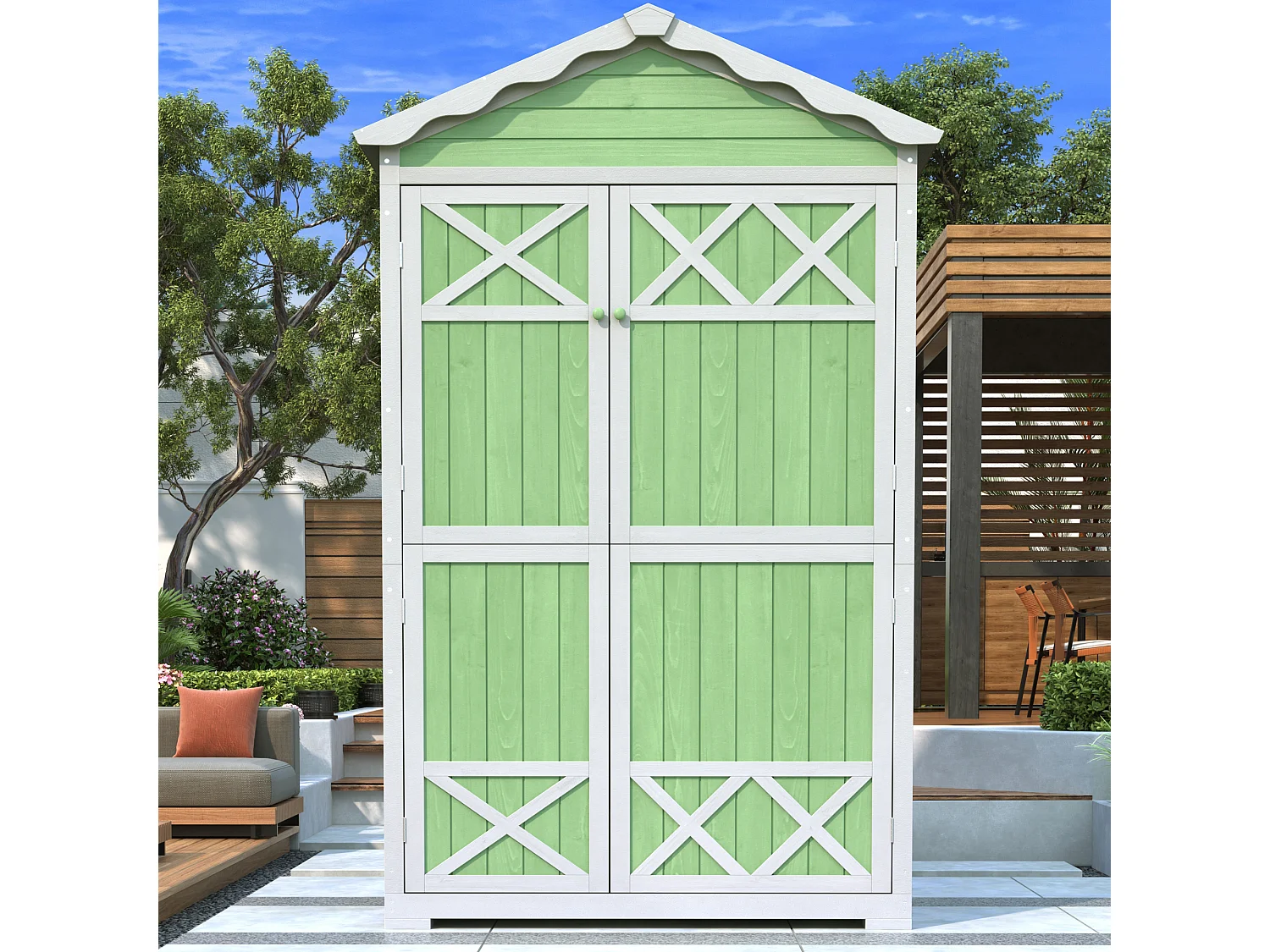 Abri de jardin en bois massif avec toit pente résistant aux intempéries - 2 portes 3 étagères - 93 x 45 x 179 cm - Gris