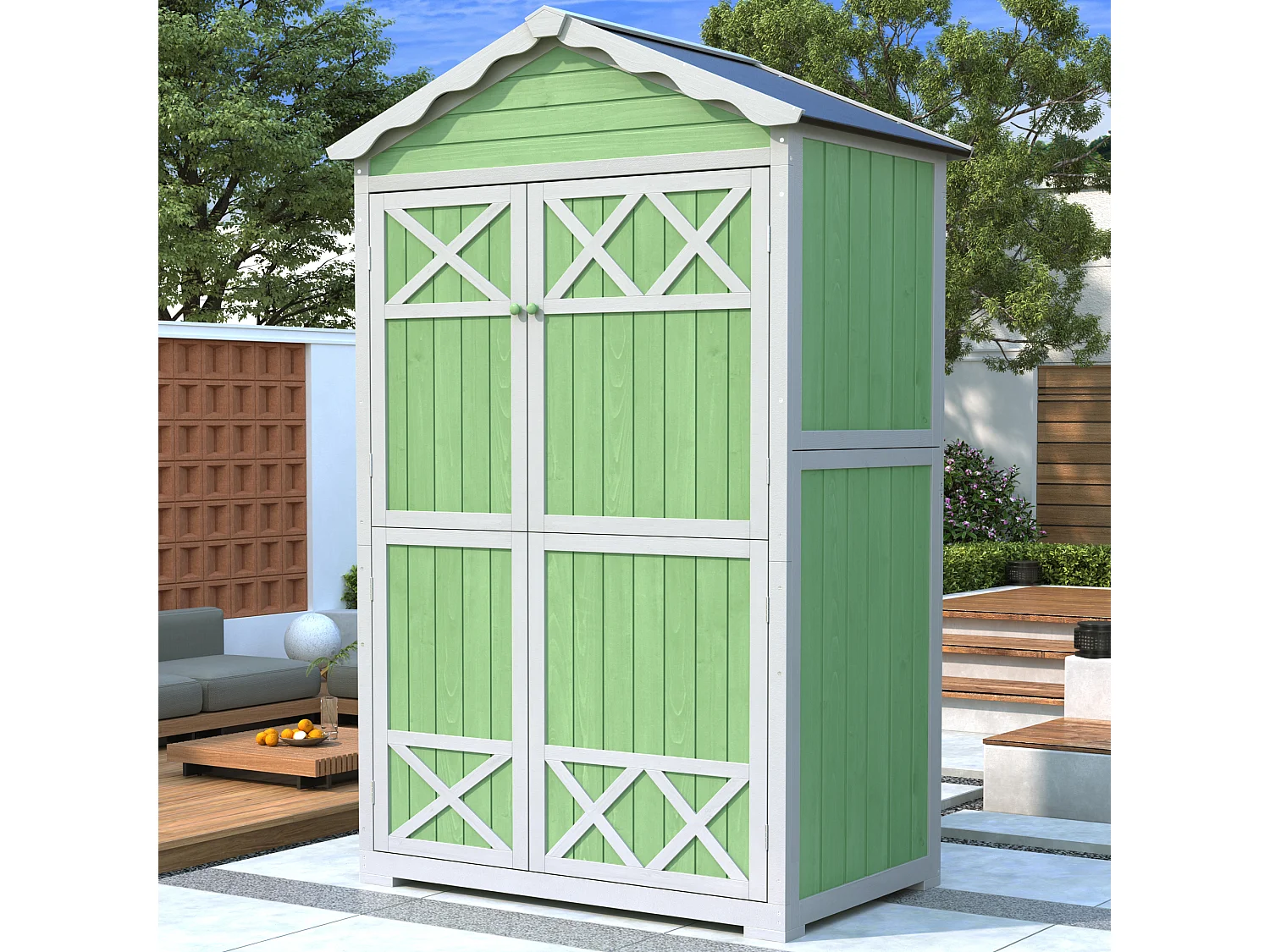 Abri de jardin en bois massif avec toit pente résistant aux intempéries - 2 portes 3 étagères - 93 x 45 x 179 cm - Gris