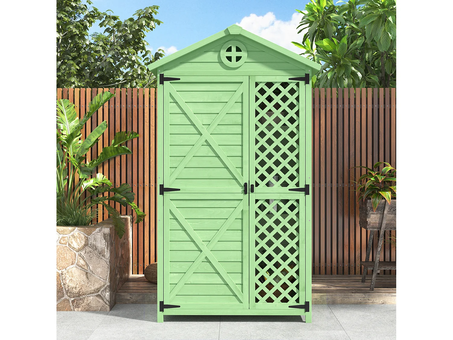 Casetta da giardino in legno massello con tetto spiovente resistente alle intemperie - 2 ante 3 ripiani - 90 x 56,5 x 175,3 cm - Verde