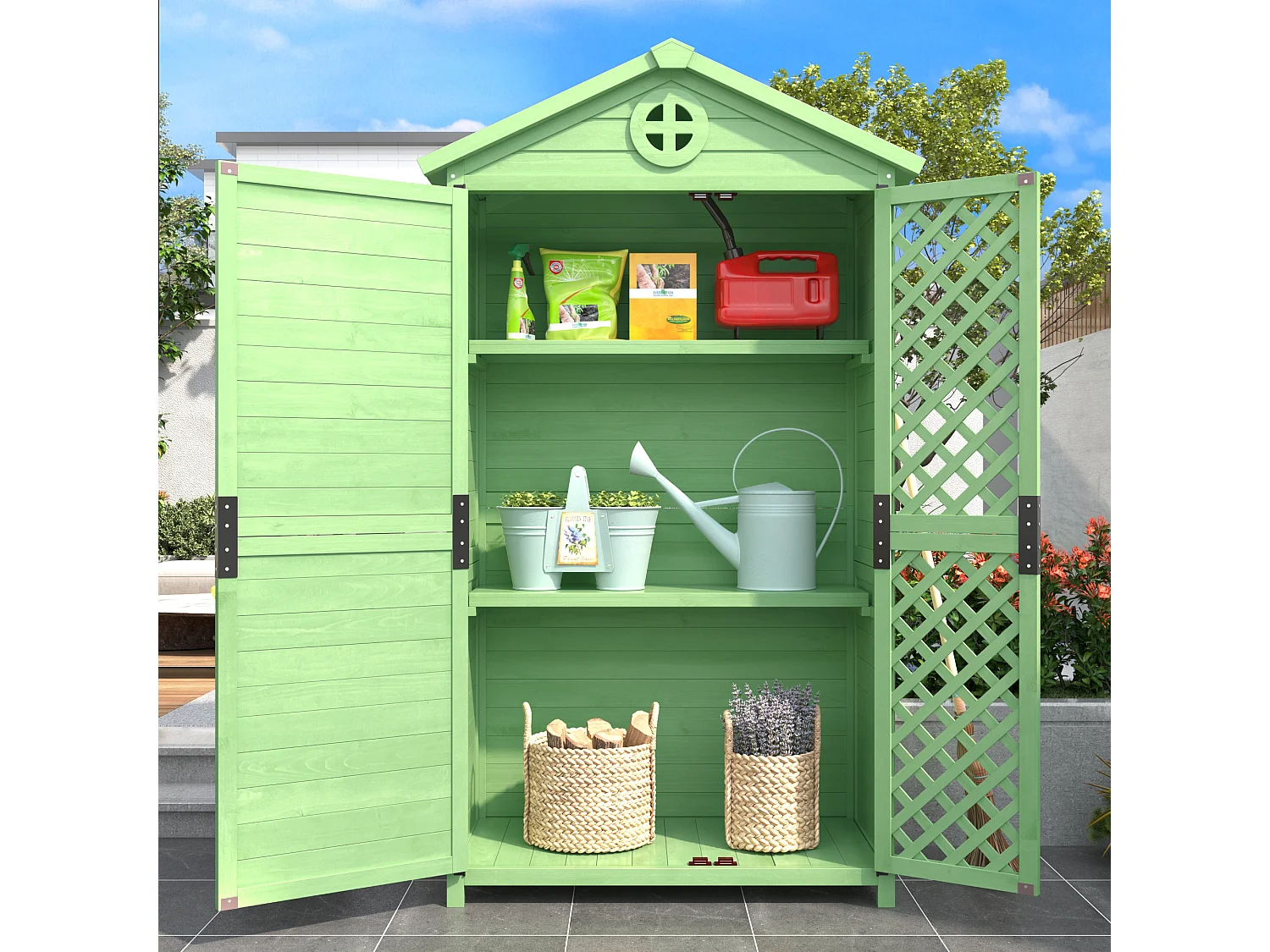 Casetta da giardino in legno massello con tetto spiovente resistente alle intemperie - 2 ante 3 ripiani - 90 x 56,5 x 175,3 cm - Verde