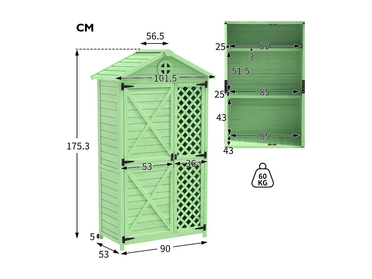 Casetta da giardino in legno massello con tetto spiovente resistente alle intemperie - 2 ante 3 ripiani - 90 x 56,5 x 175,3 cm - Verde