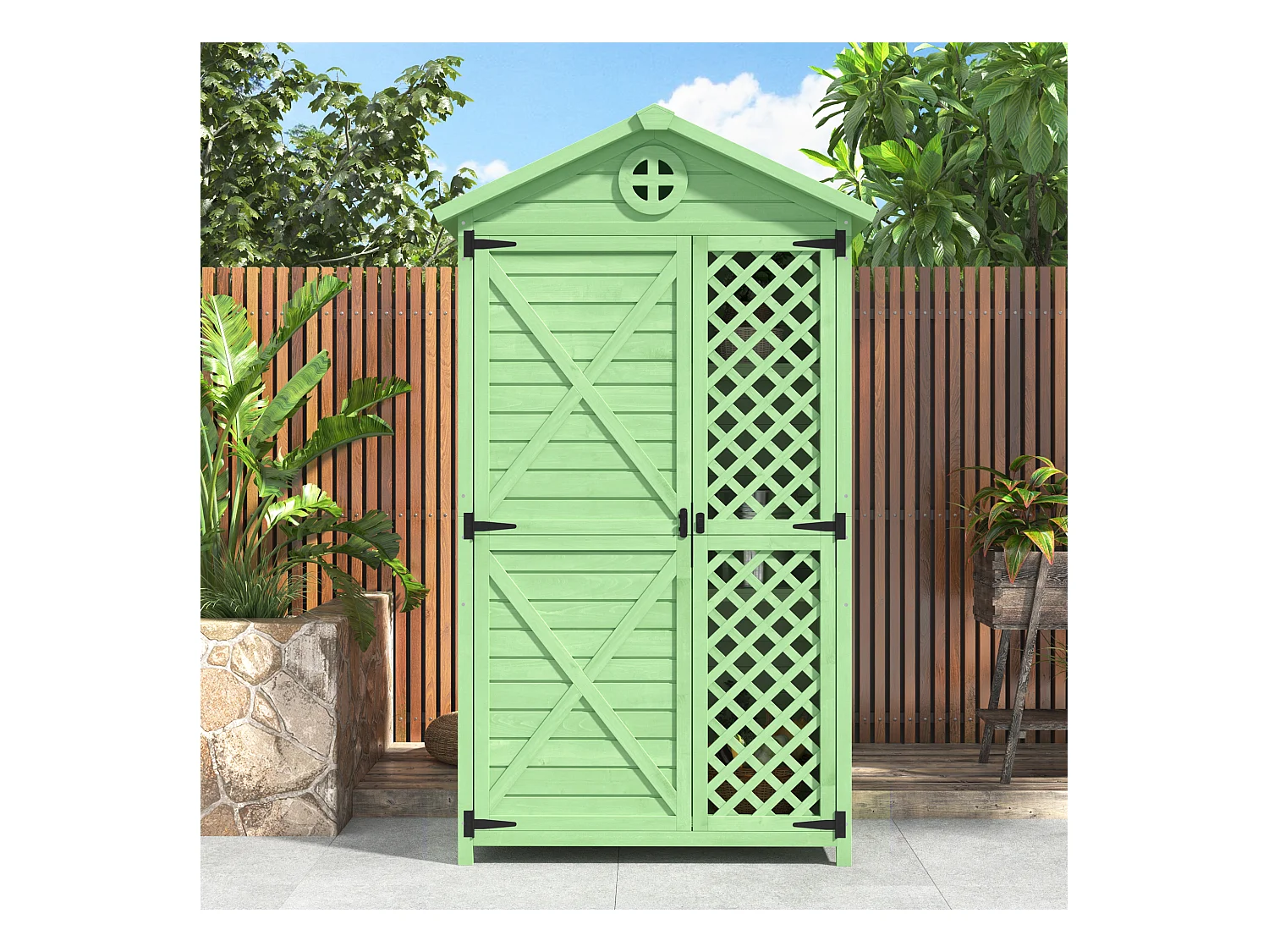 Abri de jardin en bois massif avec toit pente résistant aux intempéries - 2 portes 3 étagères - 90 x 56.5 x 175.3 cm - Vert