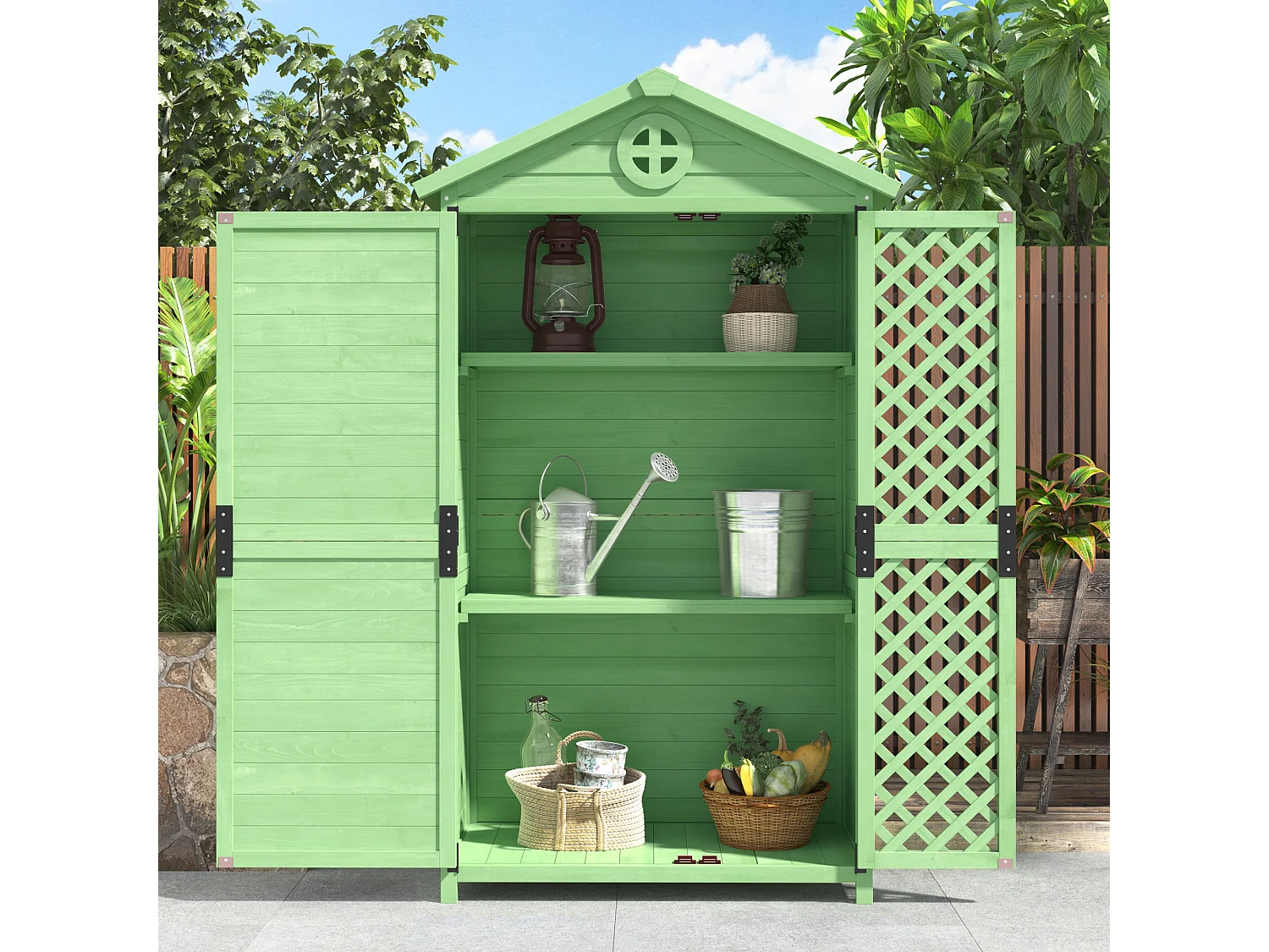 Abri de jardin en bois massif avec toit pente résistant aux intempéries - 2 portes 3 étagères - 90 x 56.5 x 175.3 cm - Vert