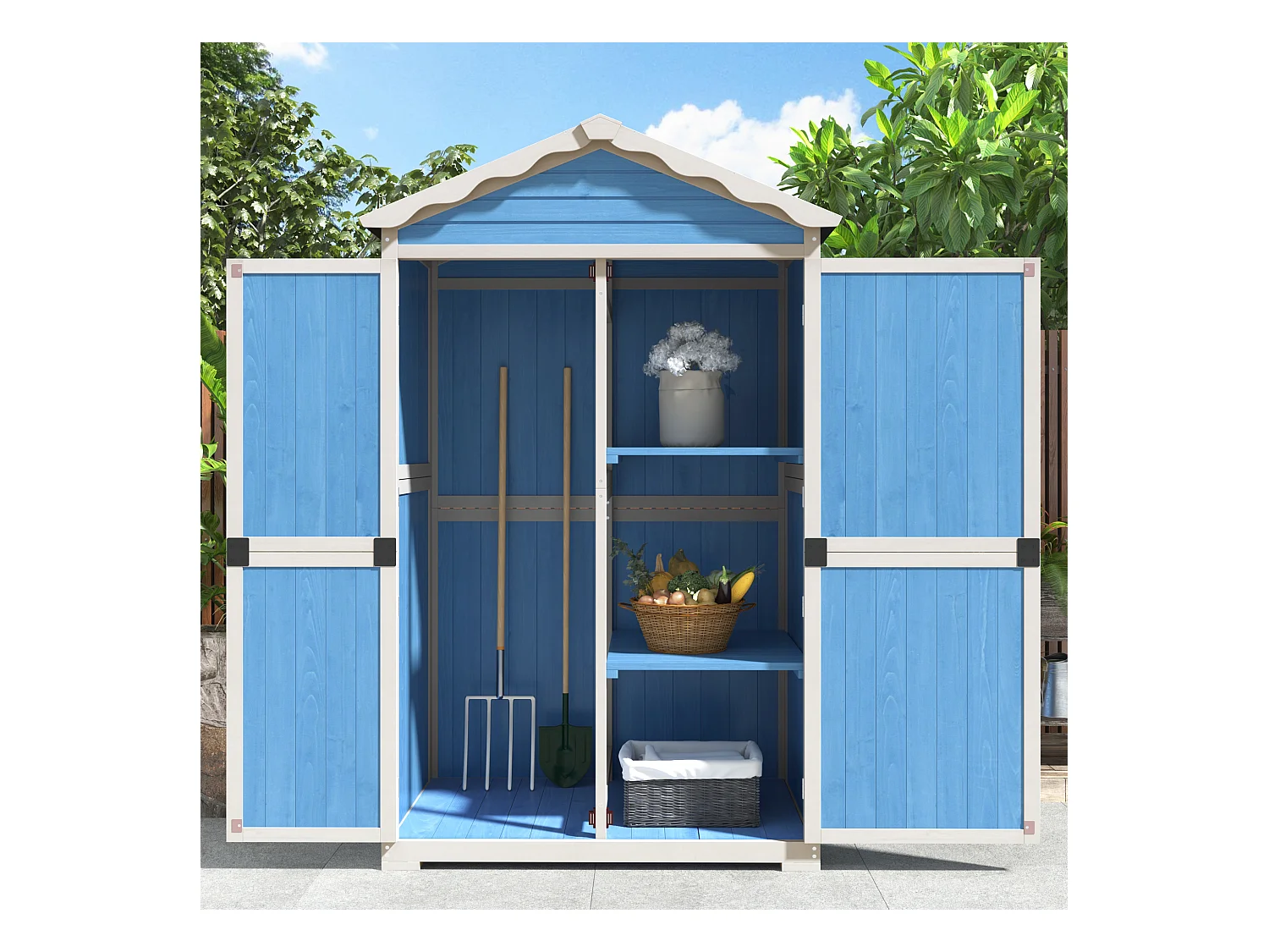 Abri de jardin en bois massif avec toit pente résistant aux intempéries - 2 portes 3 étagères - 93 x 45 x 179 cm - Bleu