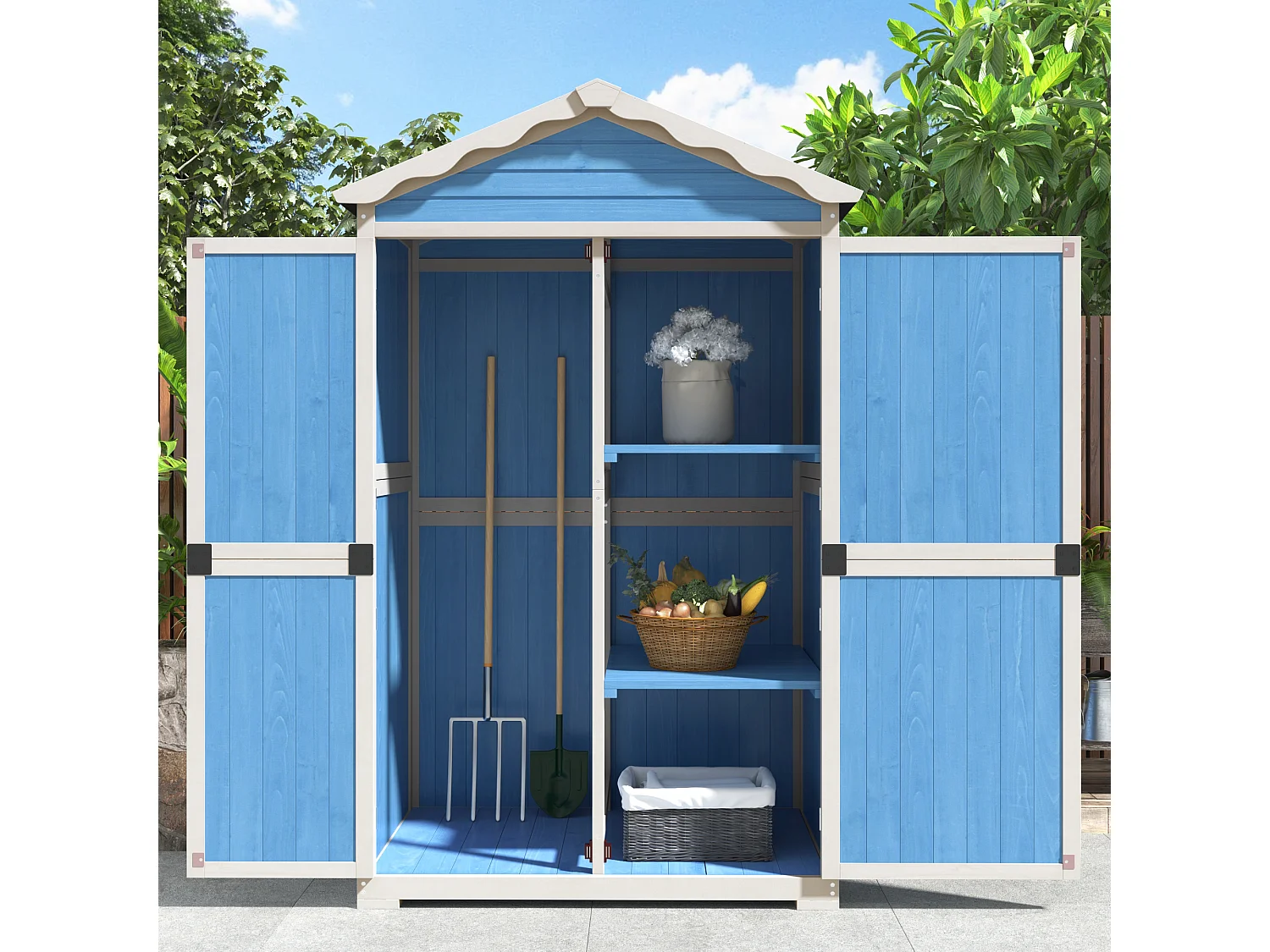 Abri de jardin en bois massif avec toit pente résistant aux intempéries - 2 portes 3 étagères - 93 x 45 x 179 cm - Bleu