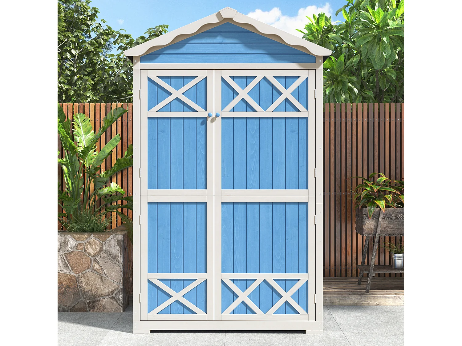 Abri de jardin en bois massif avec toit pente résistant aux intempéries - 2 portes 3 étagères - 93 x 45 x 179 cm - Bleu