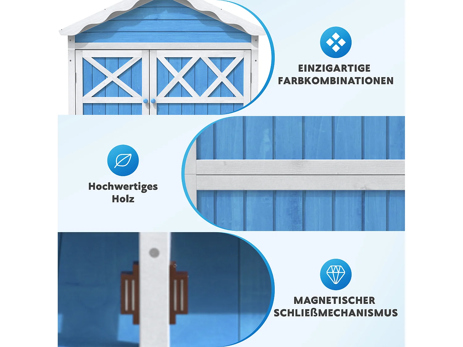 Abri de jardin en bois massif avec toit pente résistant aux intempéries - 2 portes 3 étagères - 93 x 45 x 179 cm - Bleu