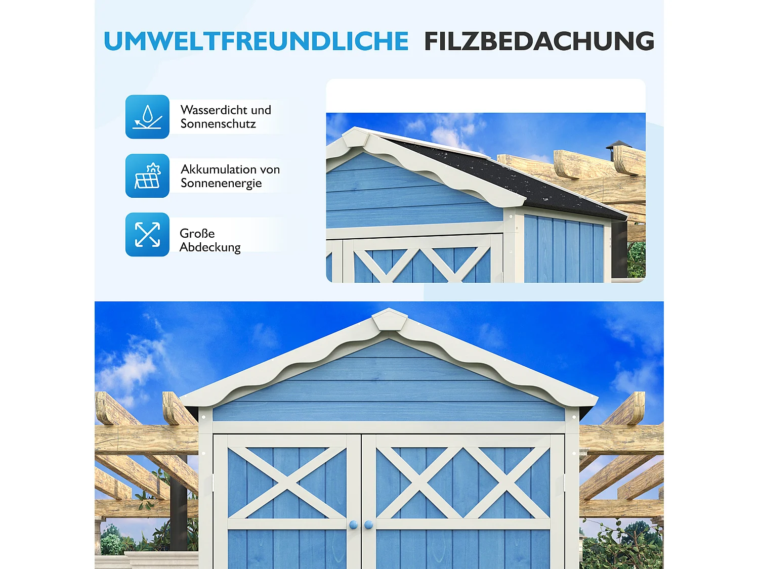 Abri de jardin en bois massif avec toit pente résistant aux intempéries - 2 portes 3 étagères - 93 x 45 x 179 cm - Bleu