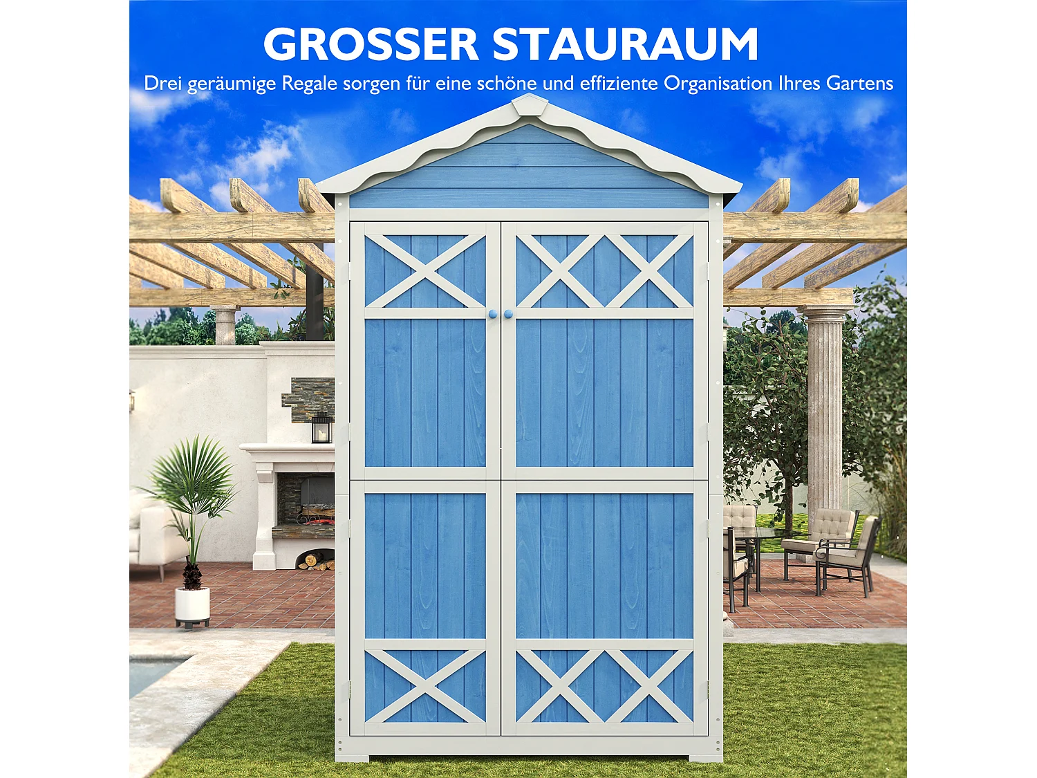 Abri de jardin en bois massif avec toit pente résistant aux intempéries - 2 portes 3 étagères - 93 x 45 x 179 cm - Bleu