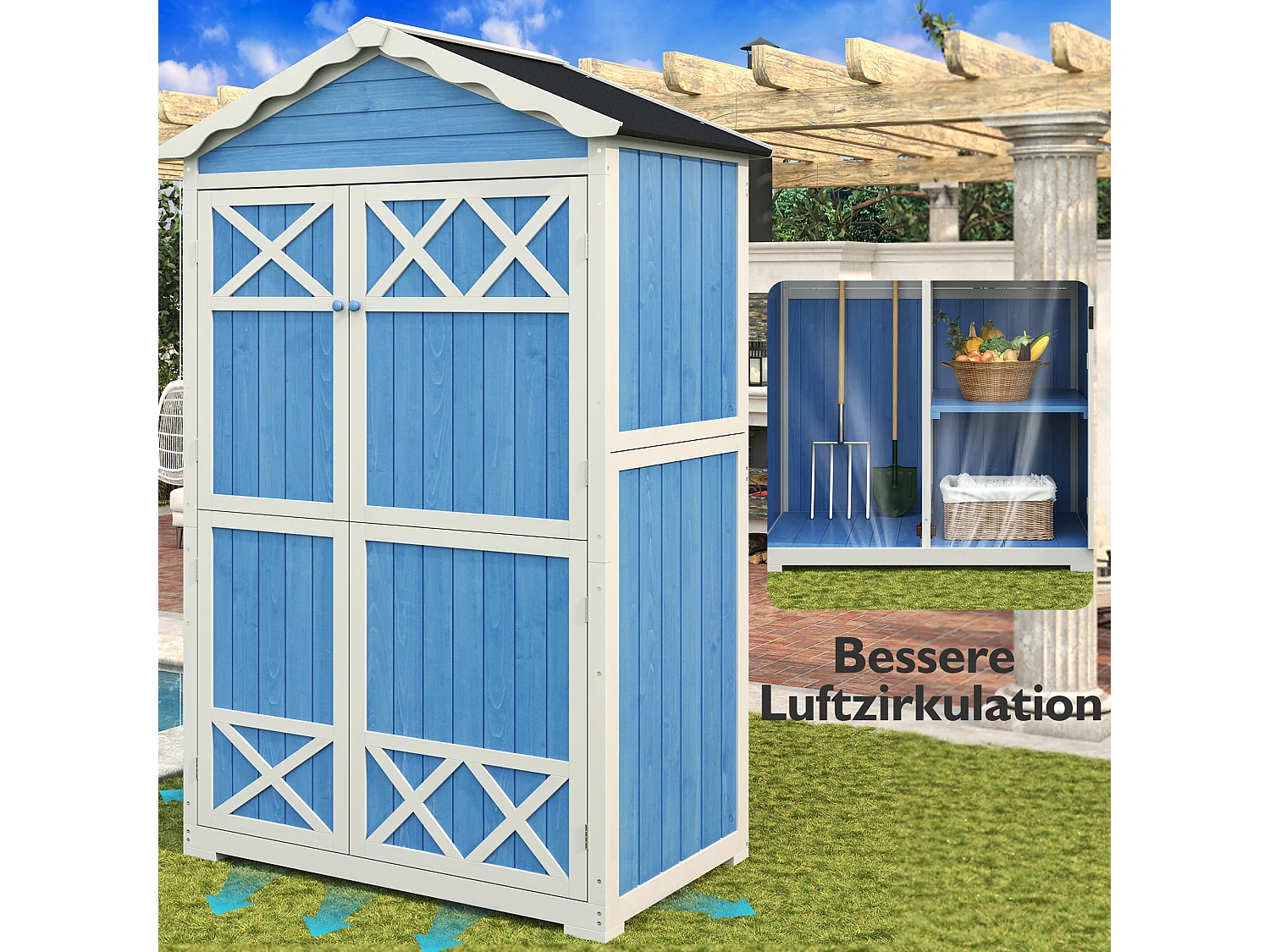 Abri de jardin en bois massif avec toit pente résistant aux intempéries - 2 portes 3 étagères - 93 x 45 x 179 cm - Bleu