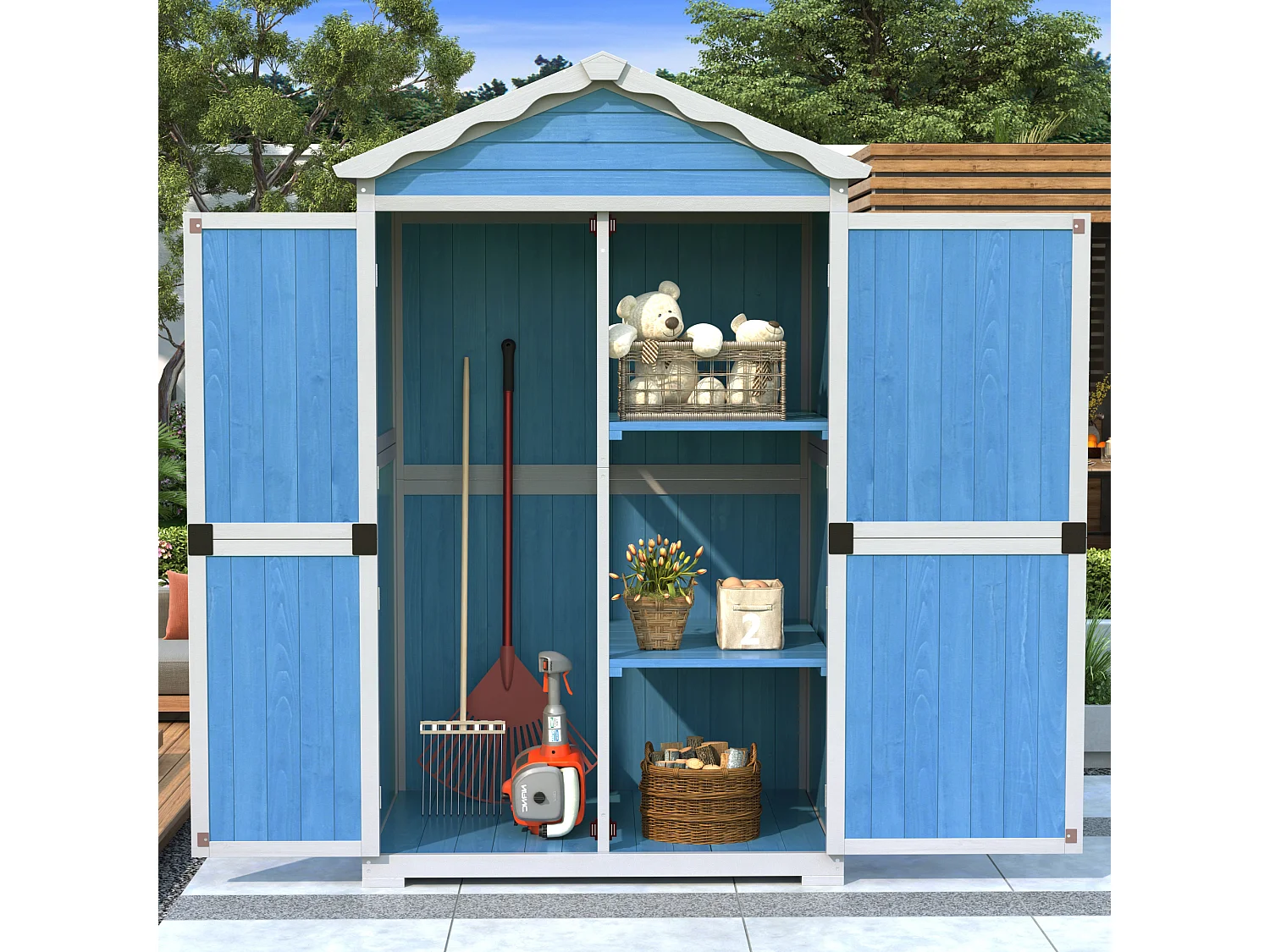 Abri de jardin en bois massif avec toit pente résistant aux intempéries - 2 portes 3 étagères - 93 x 45 x 179 cm - Bleu