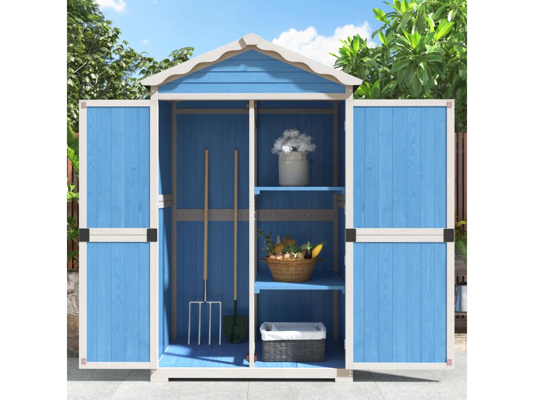 Casetta da giardino in legno massello con tetto spiovente resistente alle intemperie - 2 ante 3 ripiani - 93 x 45 x 179 cm - Blu