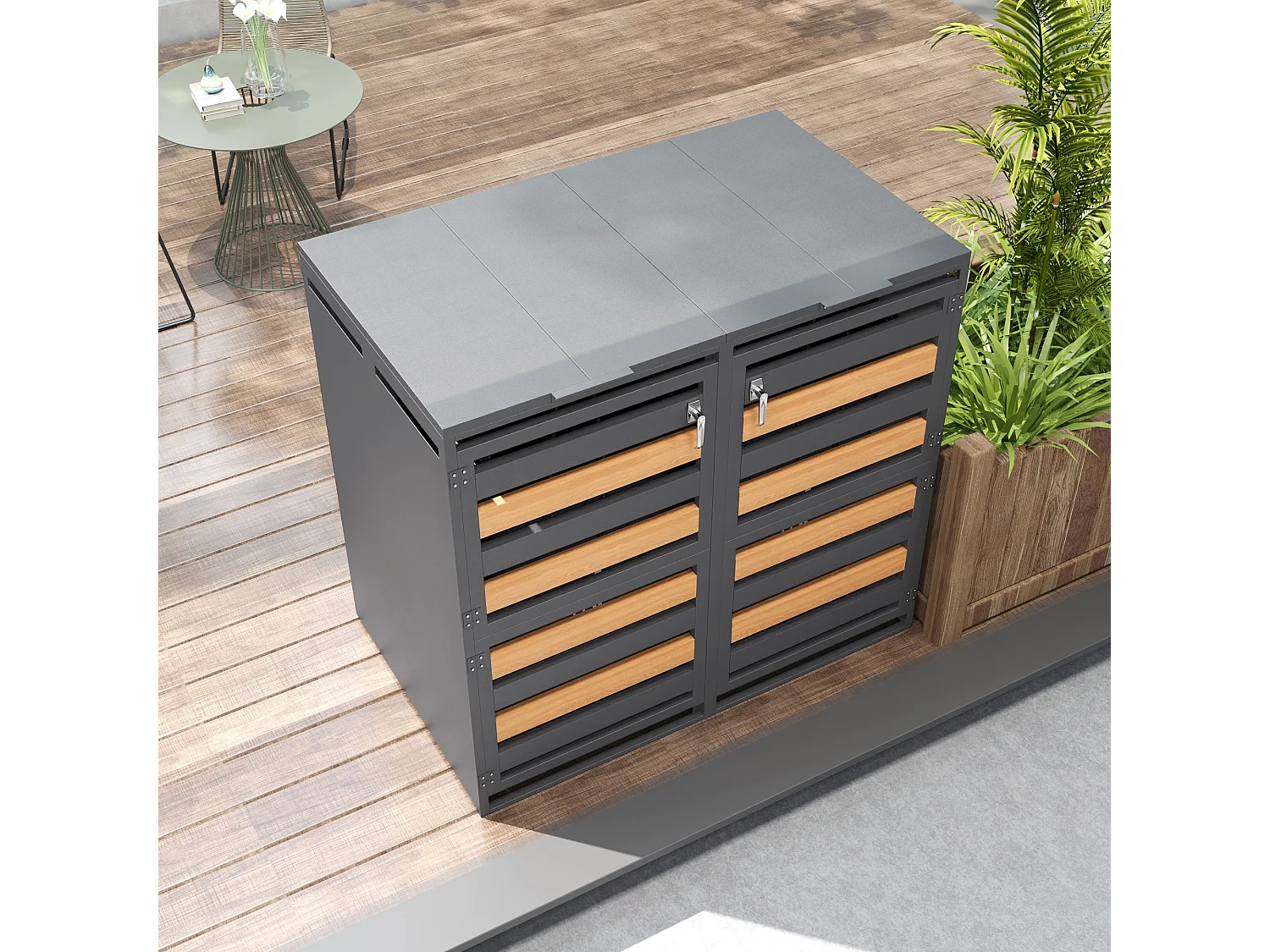COSTWAY Box Portabidone dei Rifiuti in Legno 120L, Copribidone per Spazzatura con Coperchio Apribile, Doppia Porta e Serratura, Contenitore per Pattumiera da Giardino, Cortile e Terrazza
