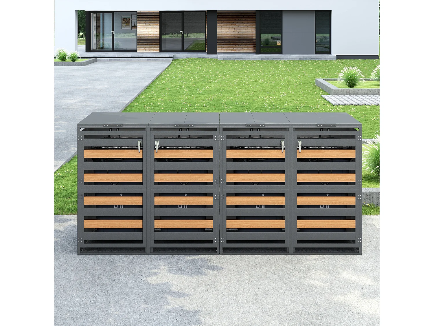 Abri de poubelle pour 4 poubelles, habillage de poubelle avec trous de ventilation - 264 x 80 x 120 cm - Acier galvanisé - Gris foncé