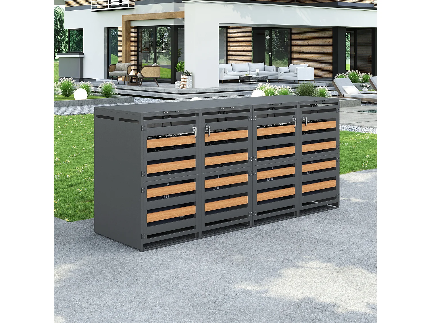 Abri de poubelle pour 4 poubelles, habillage de poubelle avec trous de ventilation - 264 x 80 x 120 cm - Acier galvanisé - Gris foncé