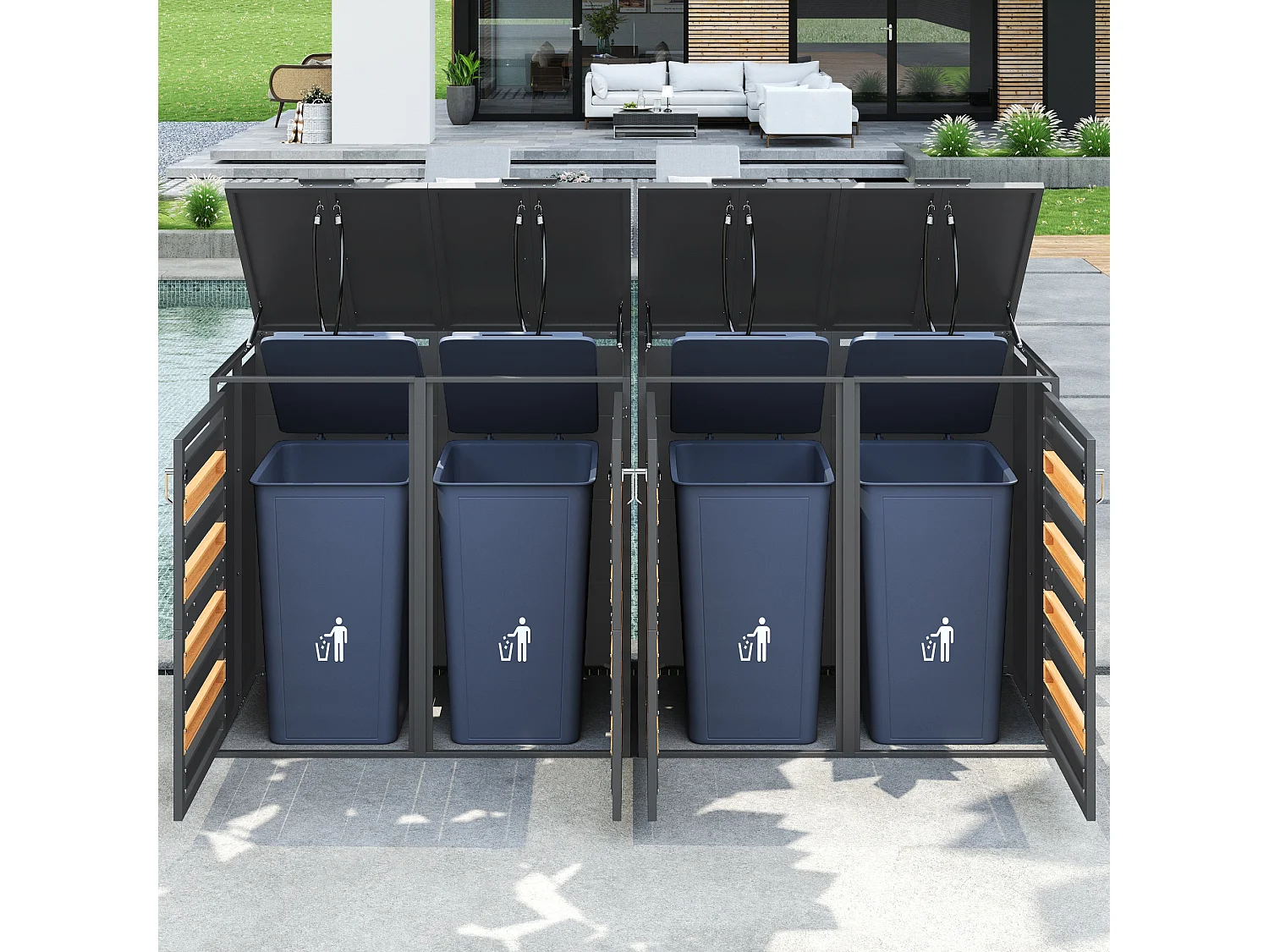 Abri de poubelle pour 4 poubelles, habillage de poubelle avec trous de ventilation - 264 x 80 x 120 cm - Acier galvanisé - Gris foncé