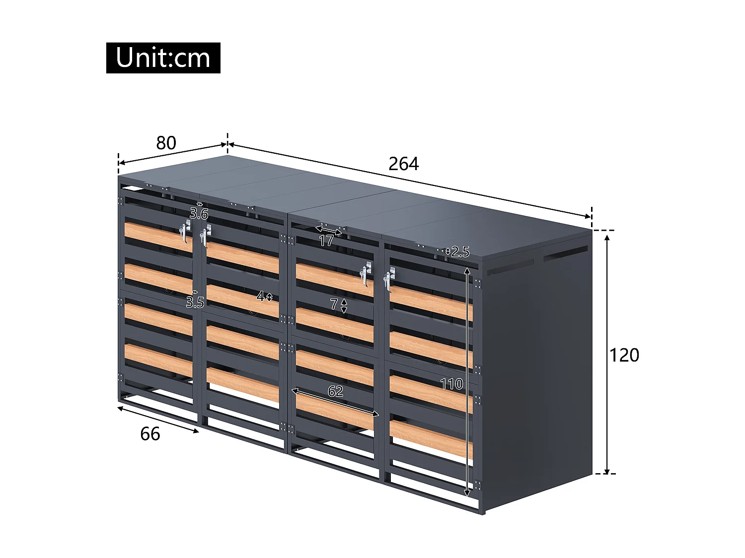 Abri de poubelle pour 4 poubelles, habillage de poubelle avec trous de ventilation - 264 x 80 x 120 cm - Acier galvanisé - Gris foncé