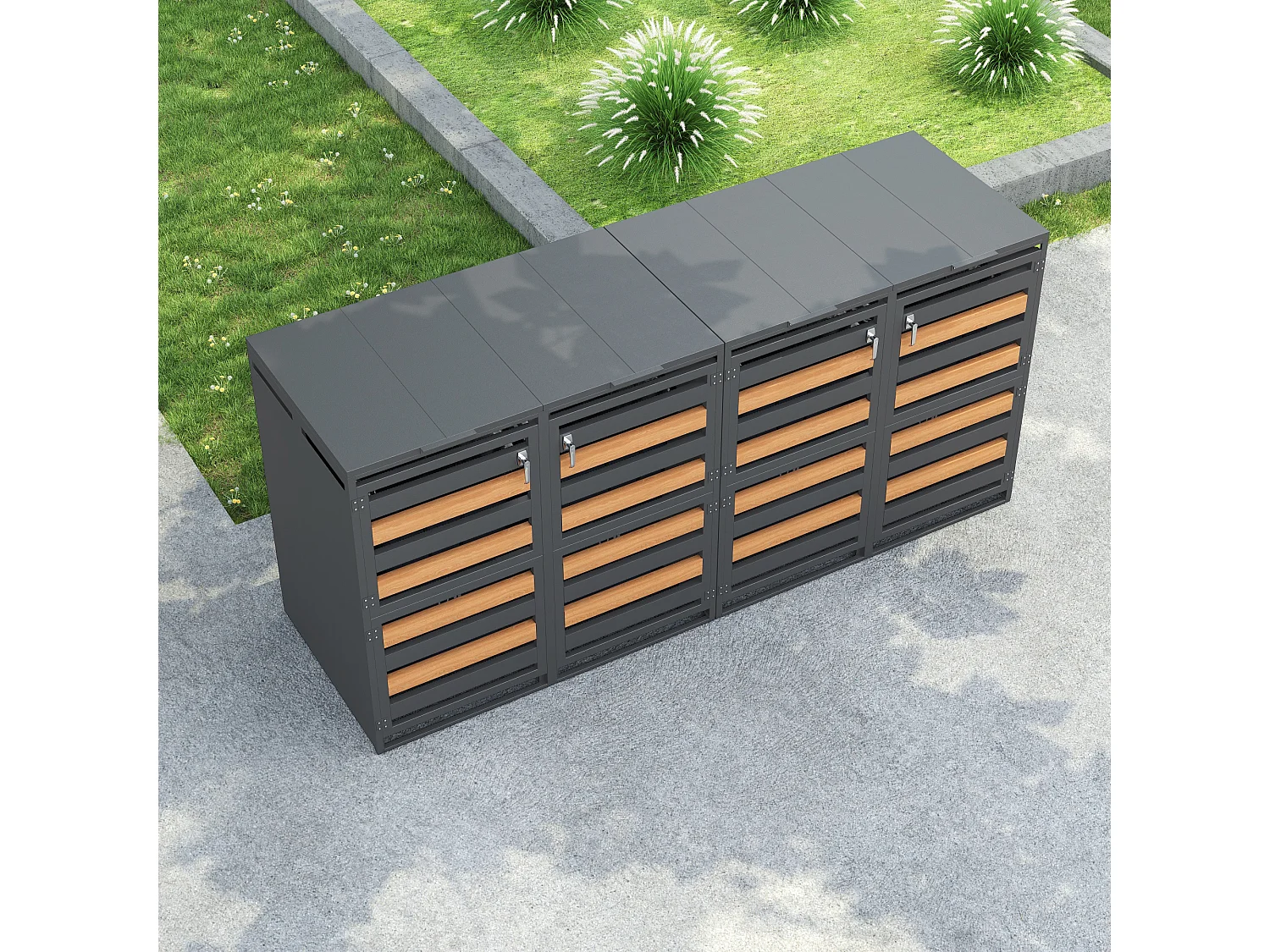 Abri de poubelle pour 4 poubelles, habillage de poubelle avec trous de ventilation - 264 x 80 x 120 cm - Acier galvanisé - Gris foncé