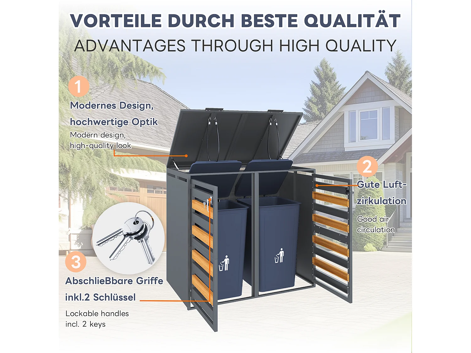 Abri de poubelle pour 4 poubelles, habillage de poubelle avec trous de ventilation - 264 x 80 x 120 cm - Acier galvanisé - Gris foncé