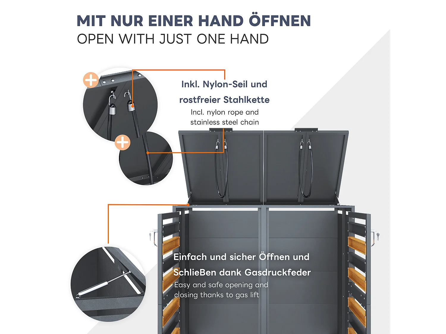 Abri de poubelle pour 4 poubelles, habillage de poubelle avec trous de ventilation - 264 x 80 x 120 cm - Acier galvanisé - Gris foncé